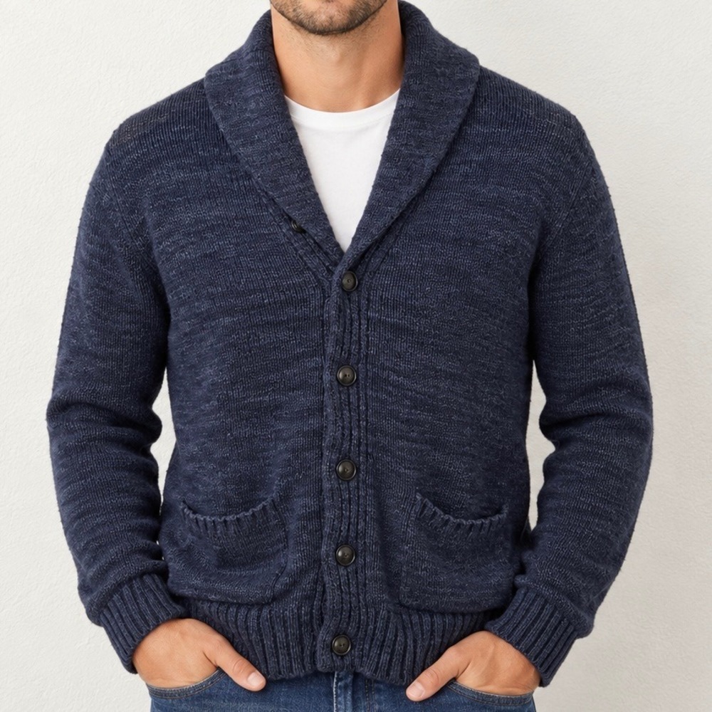 Polo Ralph Lauren Mens Navy Blue Marled Cotton Shawl Collar Cardigan Sweater M